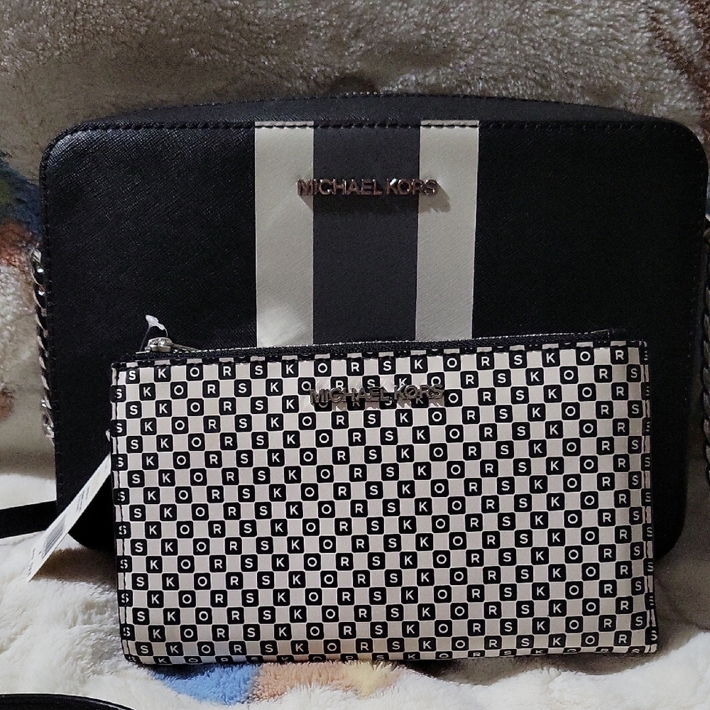 Michael Kors Black and White Striped Bag with Logo Pouch